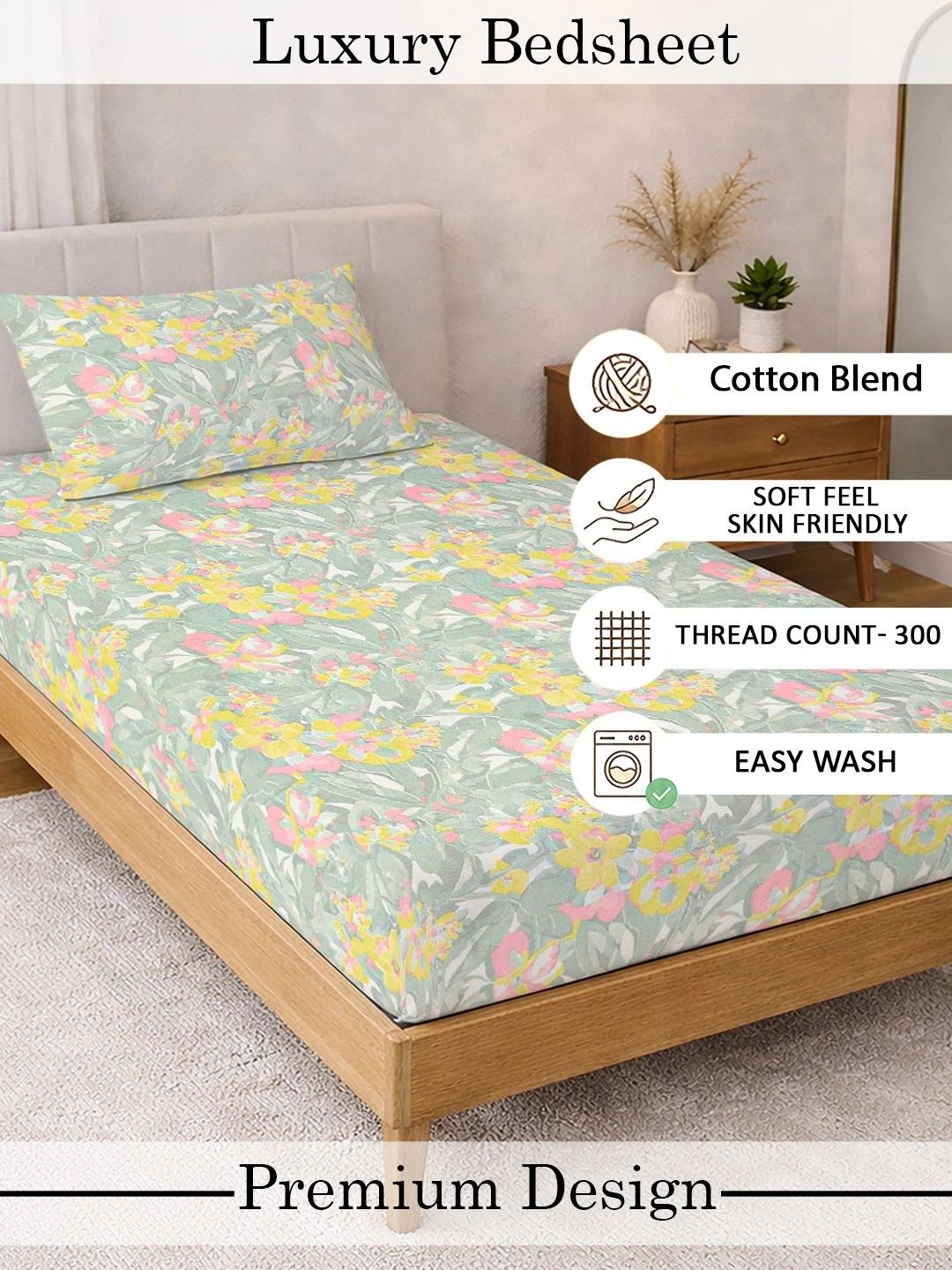 KLOTTHE Green Floral 300 TC Cadar Bujang dengan 1 Sarung Bantal