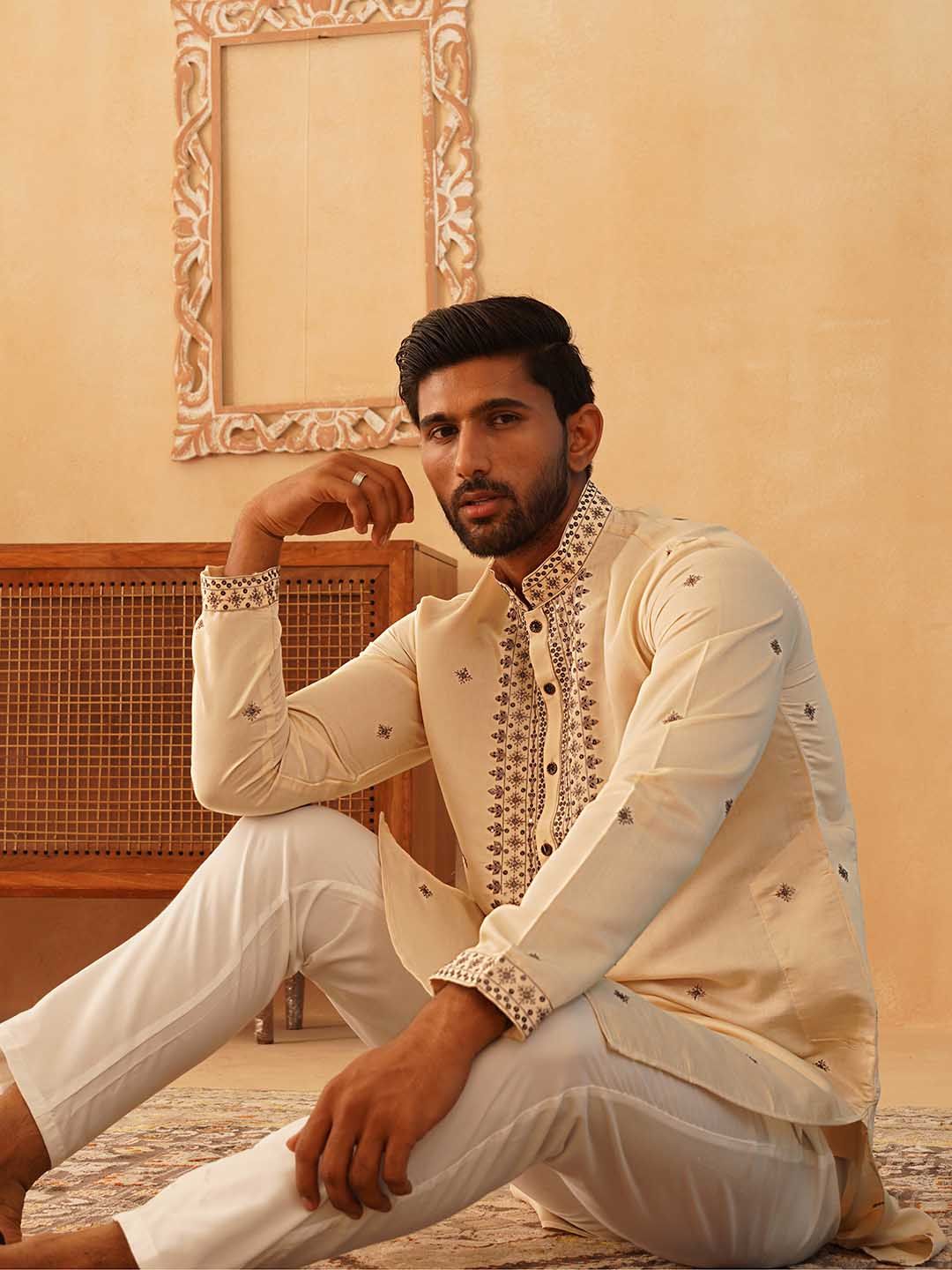 Jompers Floral Embroidered Sequinned Straight Kurta with Pyjamas