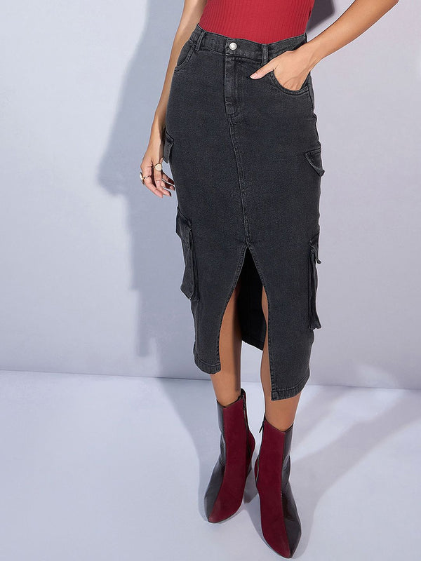SASSAFRAS Denim Straight Midi Cargo Styles Skirts