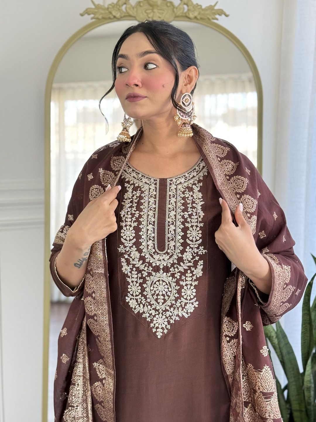 KALINI Women Ethnic Motifs Embroidered Thread Work Pure Silk Kurta Set With Dupatta