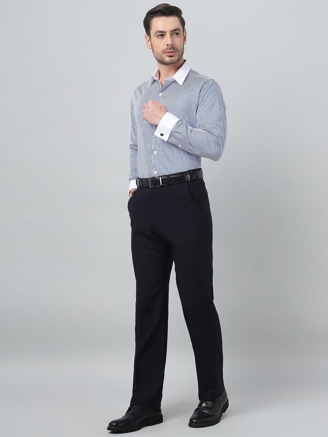 Hancock Men Classic Fit Striped Spread Collar Cuff Cuff Pure Cotton Formal Shirt