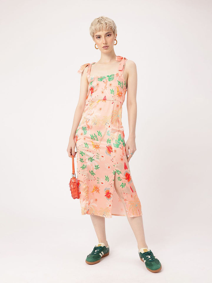 DressBerry Enduring Chic Satin Finish Printed Side Slit A-Line Midi Dress
