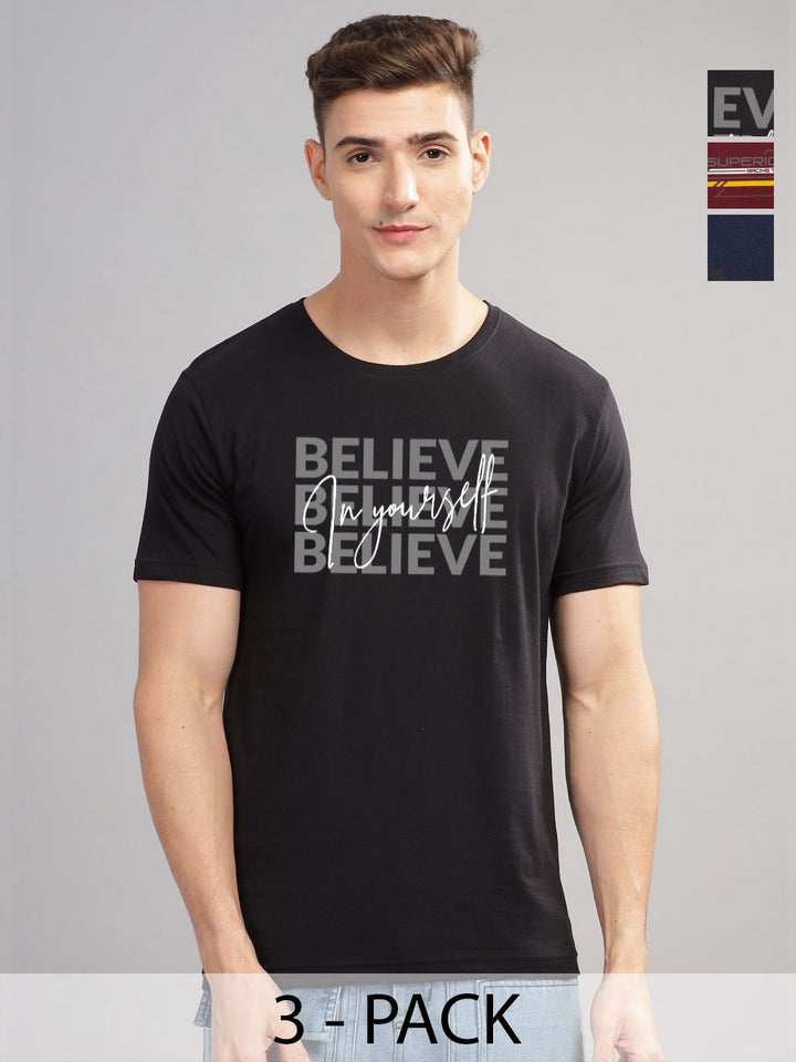 ADRO Pack of 3 Printed Round Neck Cotton T-shirt
