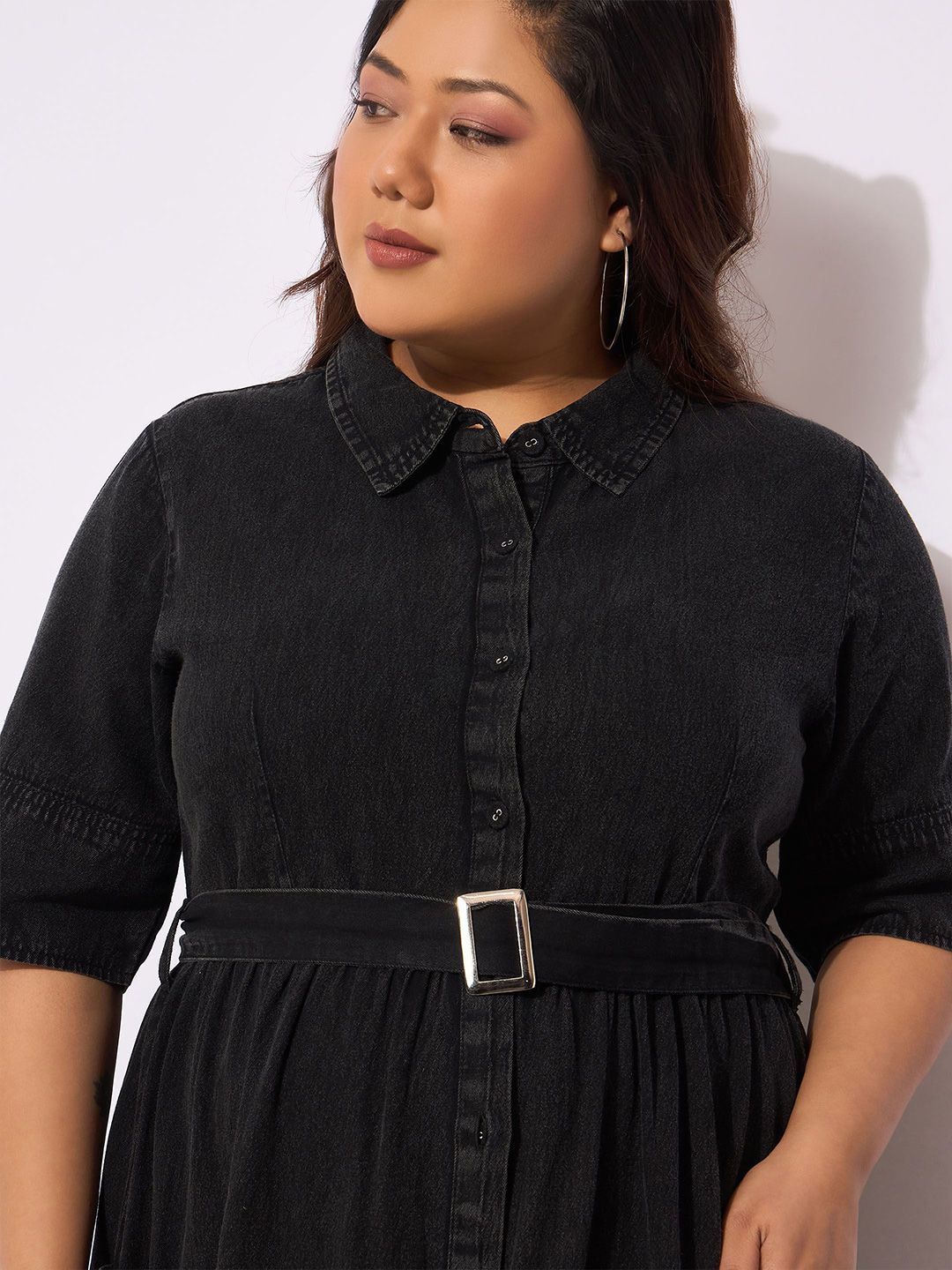 Sassafras Curve Women Shirt Collar Lengan Pendek Baju Midi Pakaian