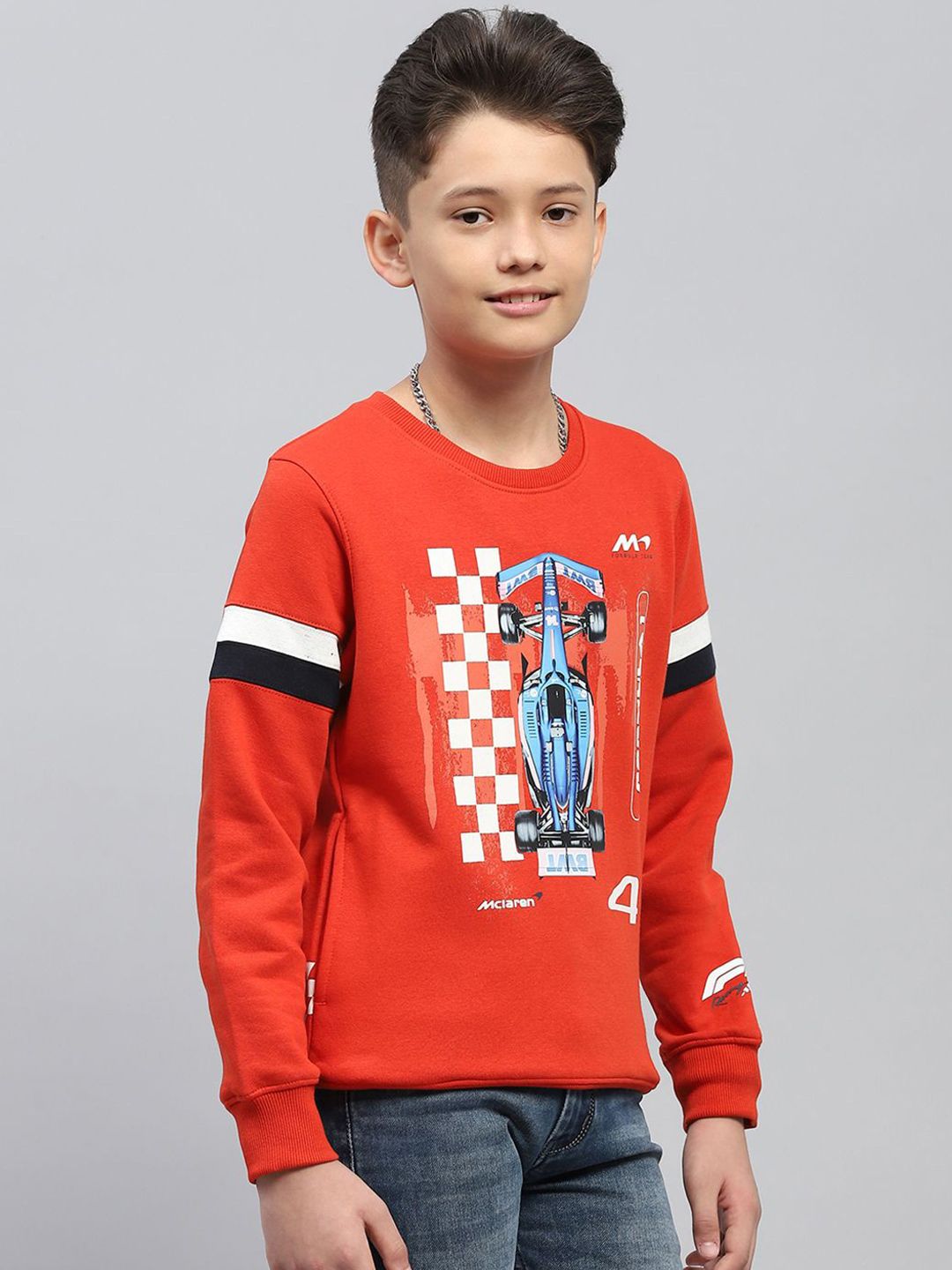 Monte Carlo Boys CottonOrange Round Neck Full Sleeves Pullover Printed Sweatshirt