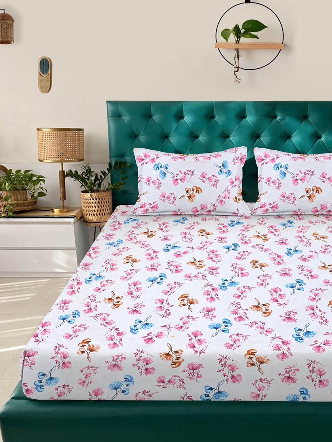 KLOTTHE White Floral Cotton 300 TC Fitted King Fine Bedsheet with 2 Pillow Covers-98 x 89 inches