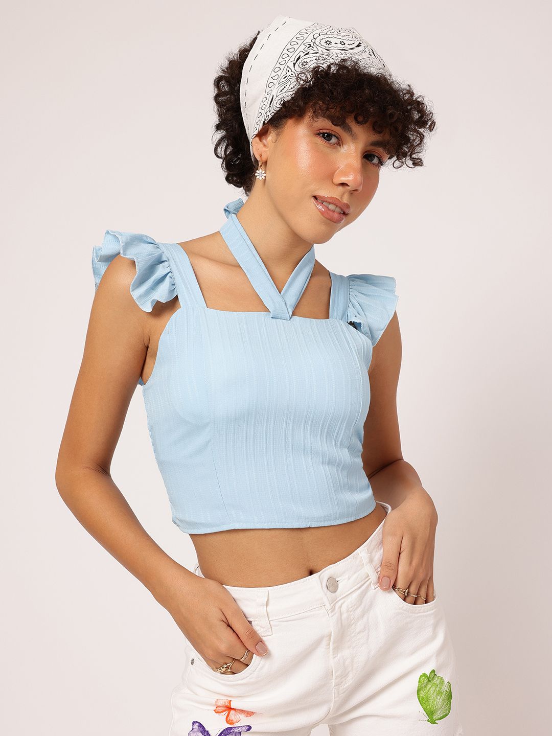 DressBerry Ocean Oasis Flirty Tie-up Smocked Padded Crop Top