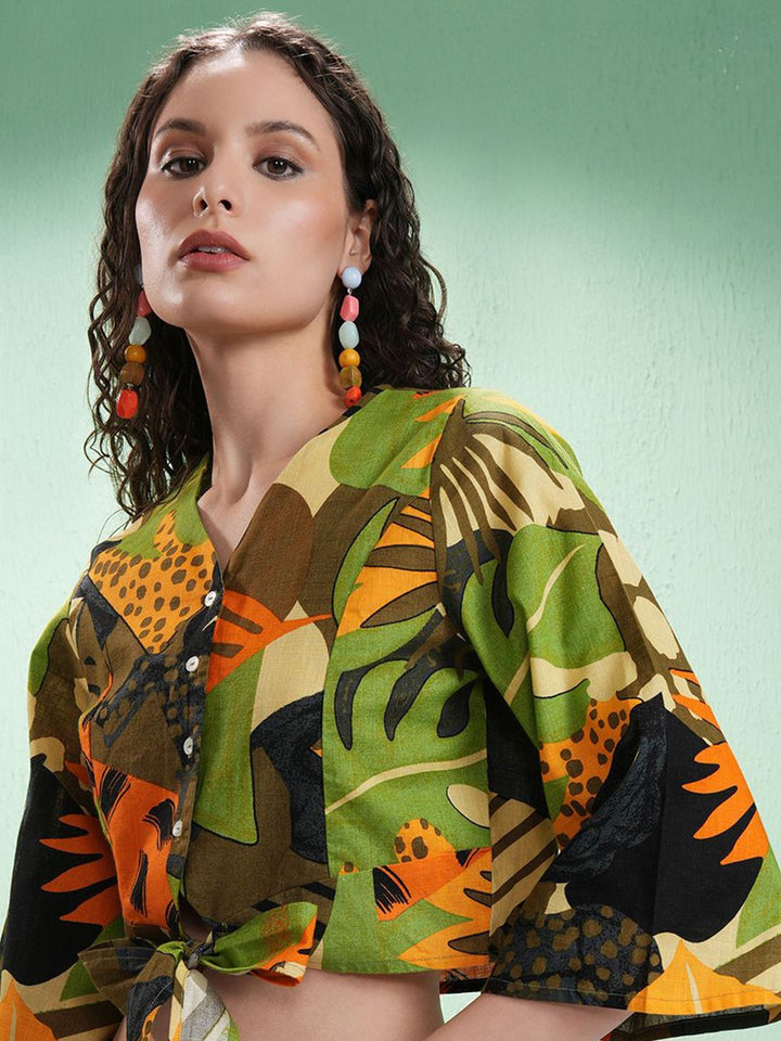 Vishudh Print Flared Sleeve Cotton Crop Top