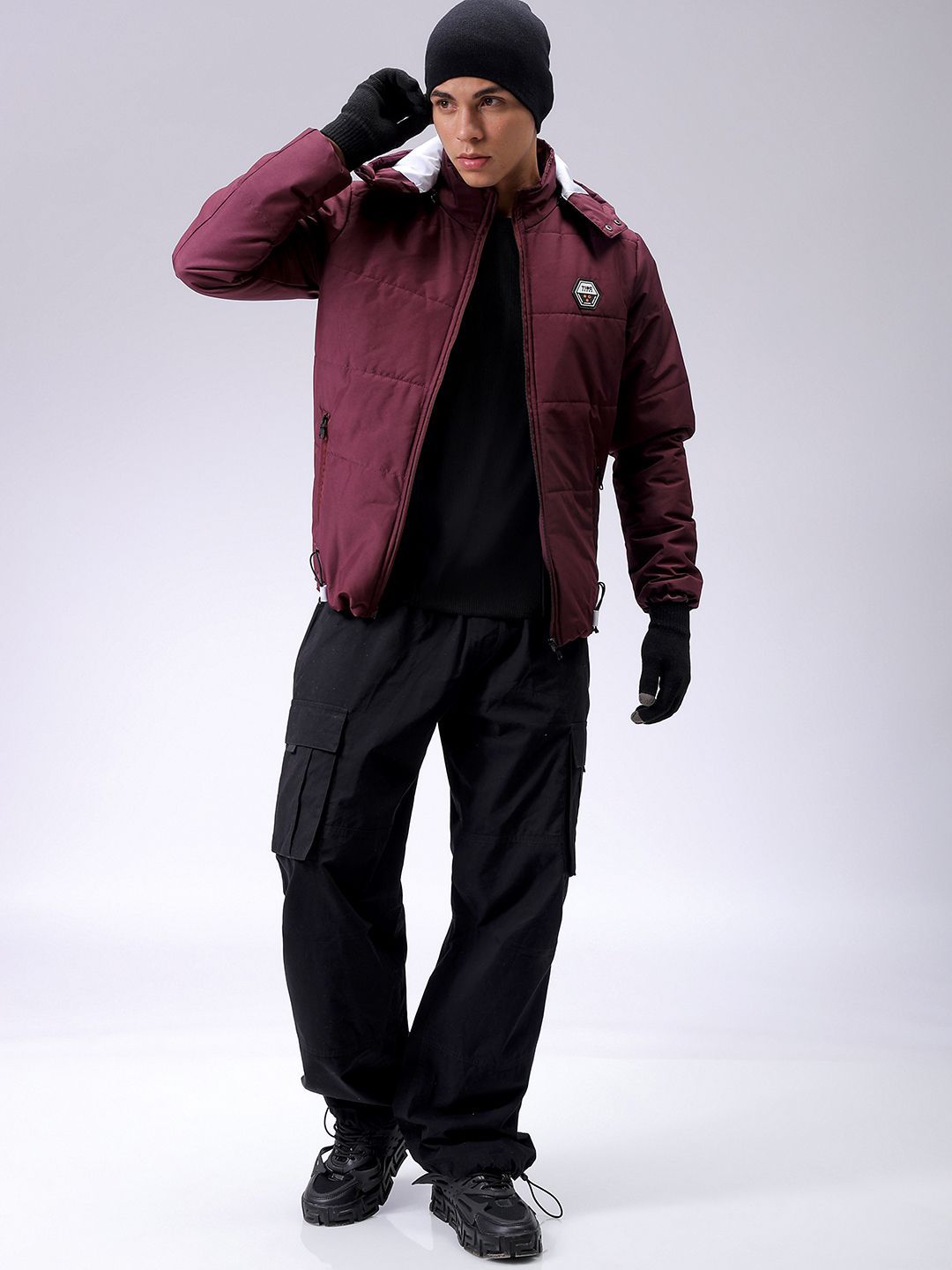 The Indian Garage Co Men Slim Fit Zip-Front PufferJacket with Detachable Hood