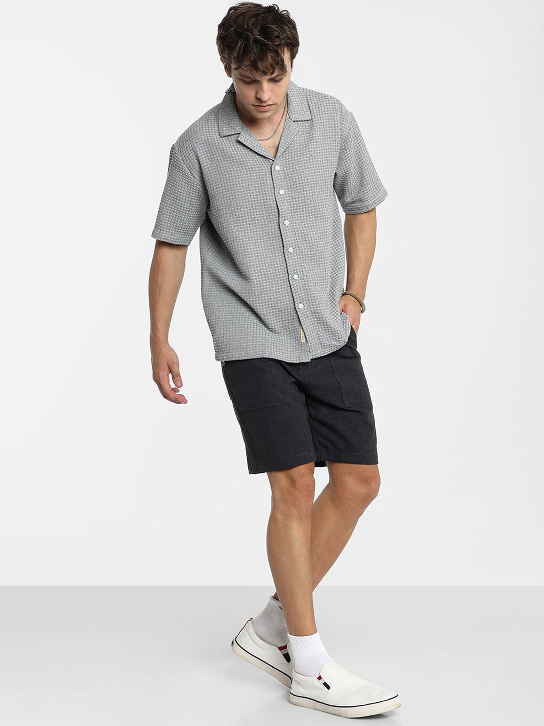 Campus Sutra Men Comfort Cuban Collar Popcorn Texture  Oversized Casual Shirt