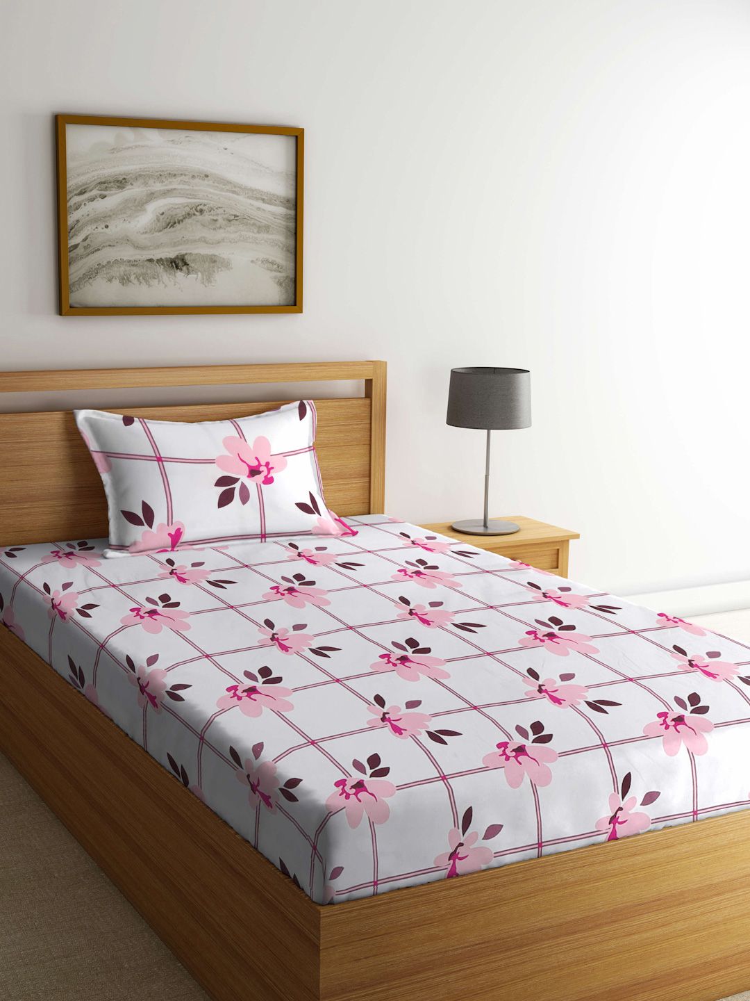 Myntra Elegant Homes White & Pink Floral Printed 300 TC Single Bedsheet Set 2.25 m x 1.5 m