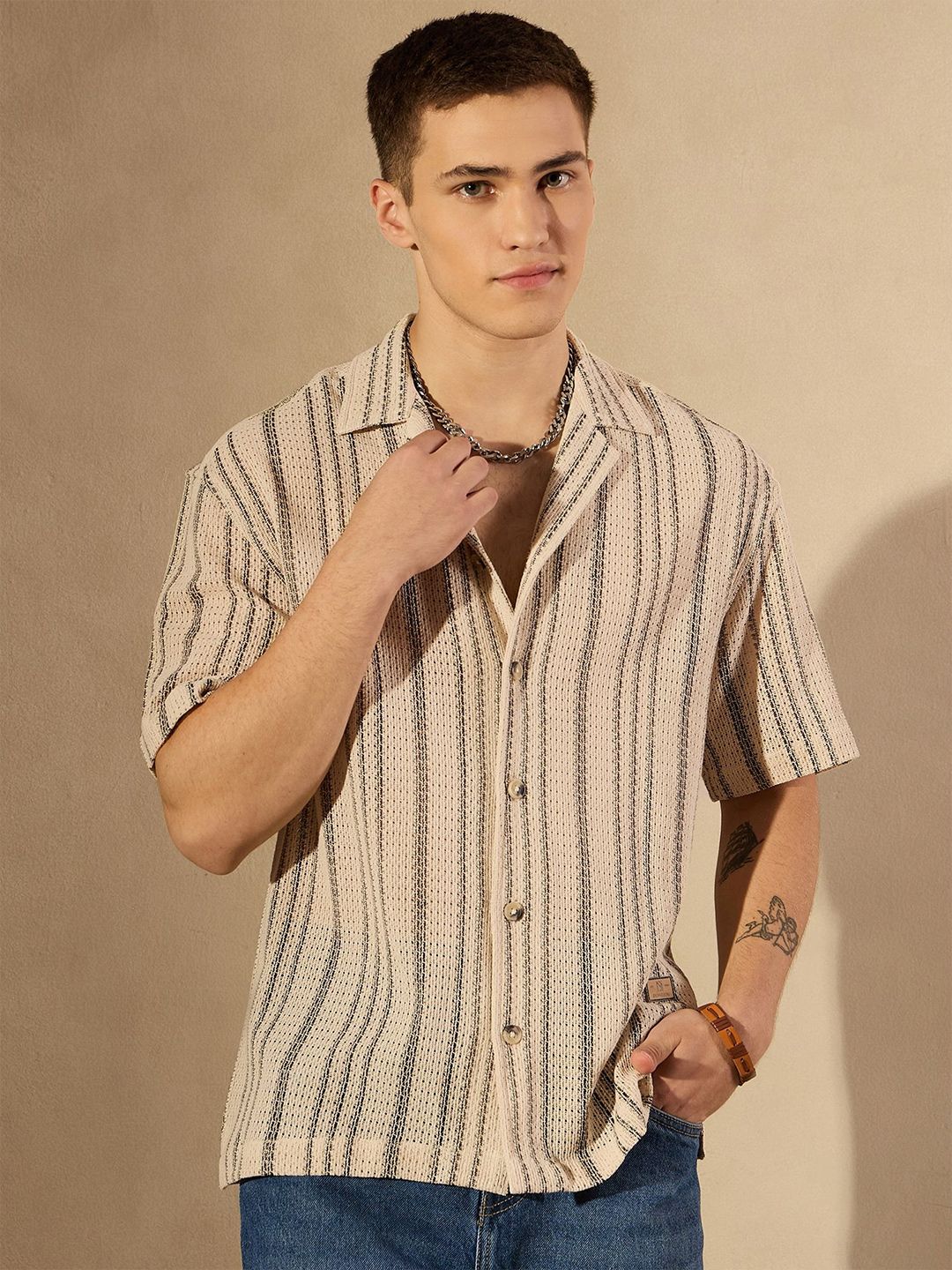 DENNISON Men Smart Cuban Collar Striped Cotton Oversized Casual Shirt