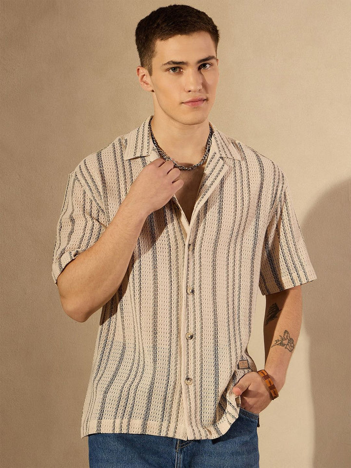 DENNISON Men Smart Cuban Collar Striped Cotton Oversized Casual Shirt
