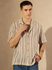 DENNISON Men Smart Cuban Collar Striped Cotton Oversized Casual Shirt