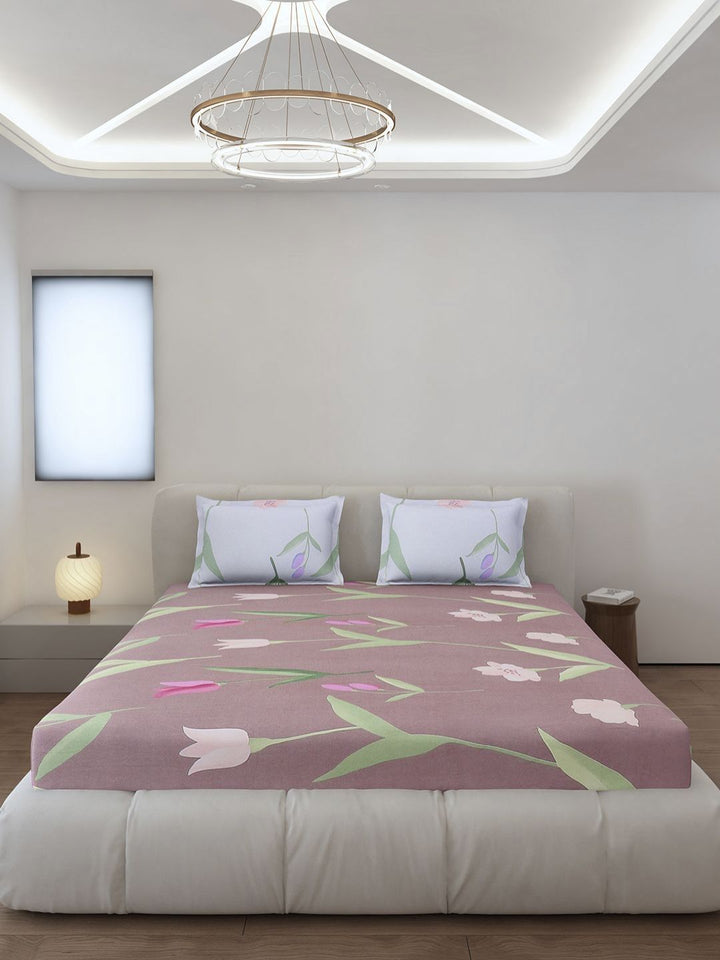 Monte Carlo Edmond Pink & Green Floral Printed 144 TC King Bedsheet Set 2.70 m x 2.70 m
