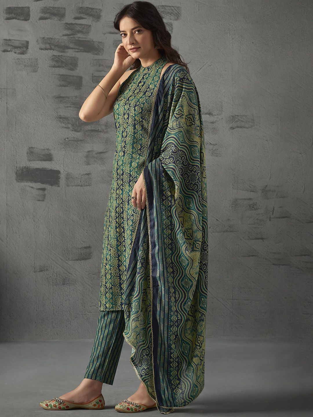 Anouk Blue Floral Printed Halter Neck Straight Kurta with Trousers & Dupatta