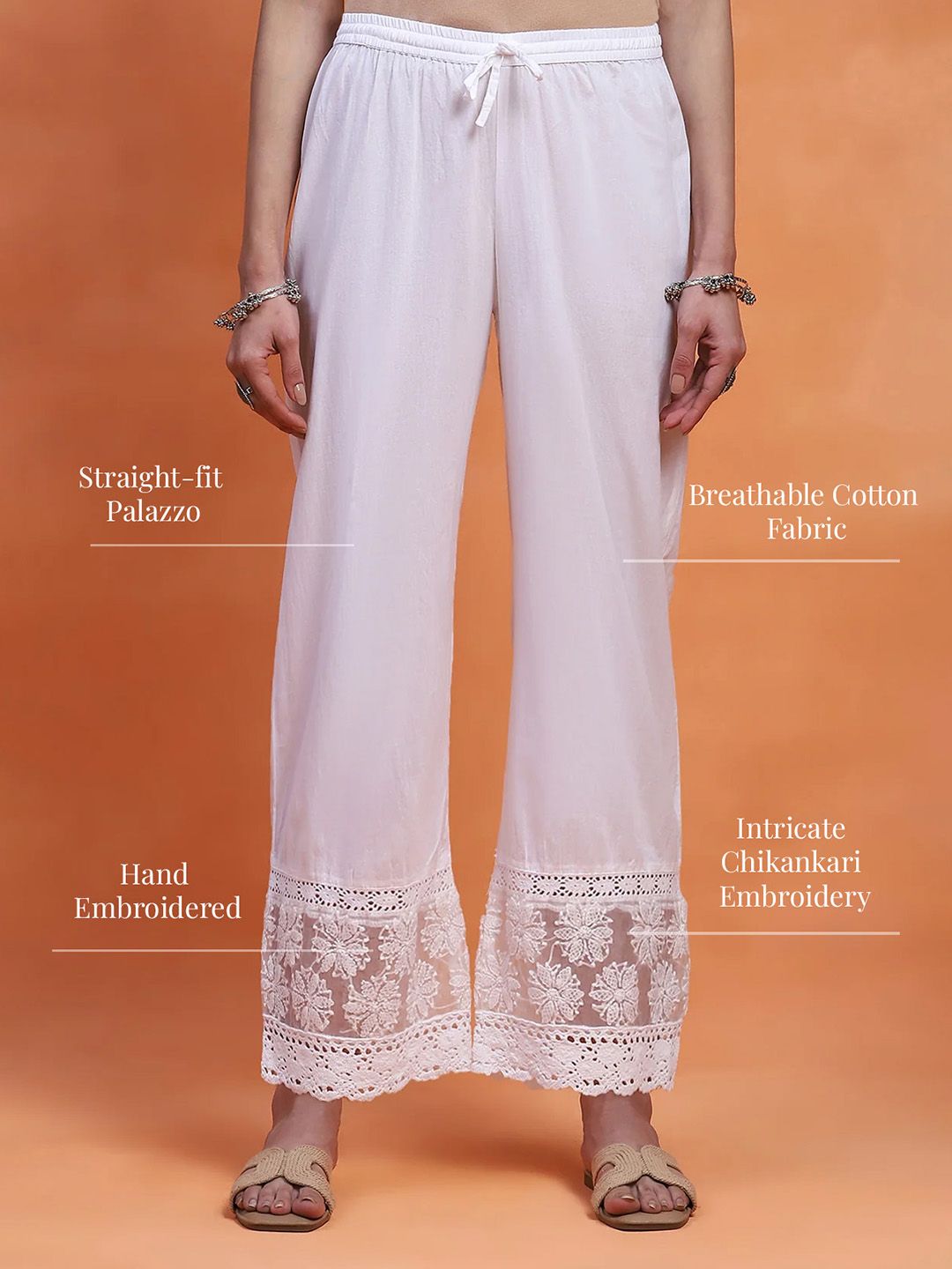 House of Chikankari Women White Cotton Chikankari Embroidered Palazzo