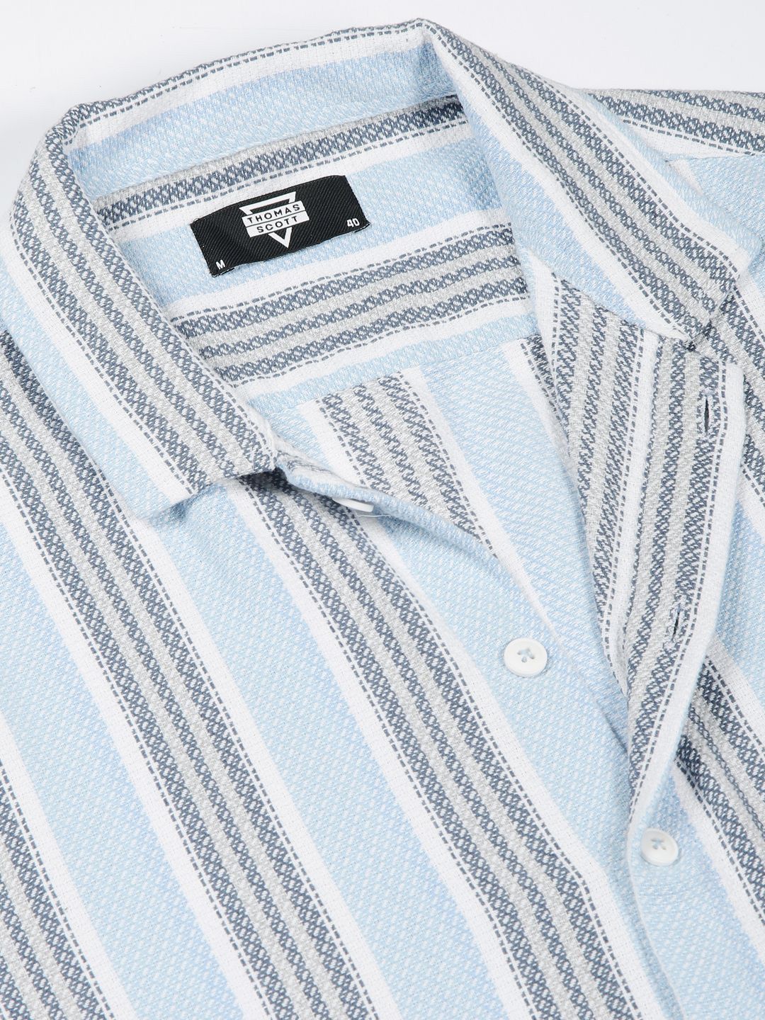 Thomas Scott Men Premium Spread Collar Vertical Striped Cotton Slim Fit Casual Shirt