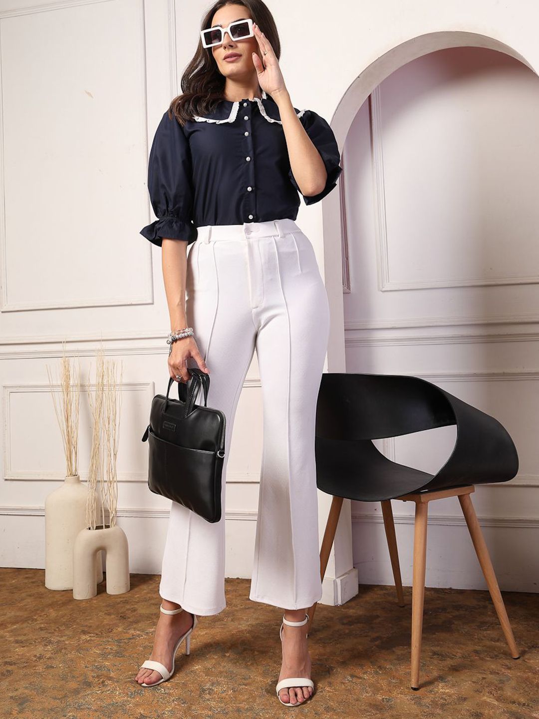 Style Quotient Women Peter Pan Collar Puff Sleeve Shirt Style Top