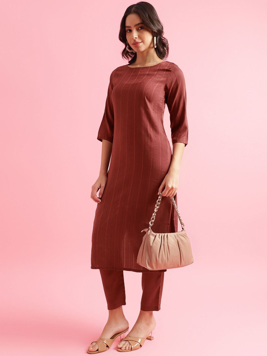 KALINI Striped Woven Design Straight Kurta with Trousers