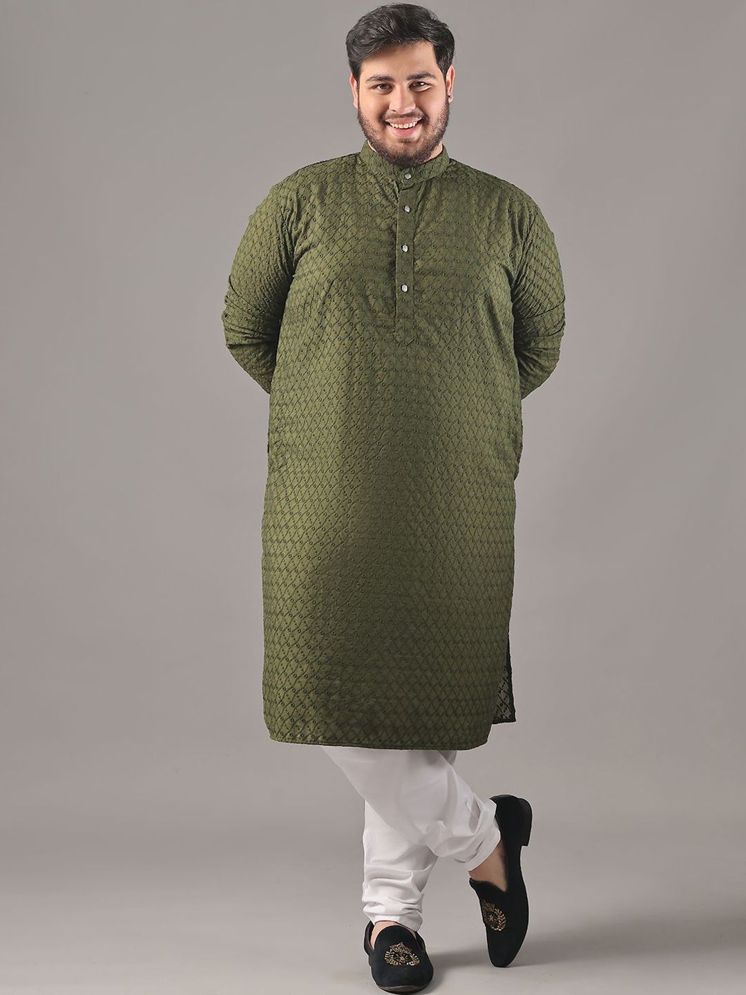 SOJANYA PLUS Size Embroidered Chikankari Band Collar Pure Cotton Straight Kurta