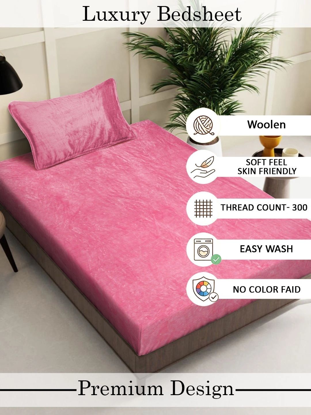 Myntra Elegant Homes Pink Solid Fitted 300 TC Wool Bedsheet Single dengan 1 Sarung Bantal