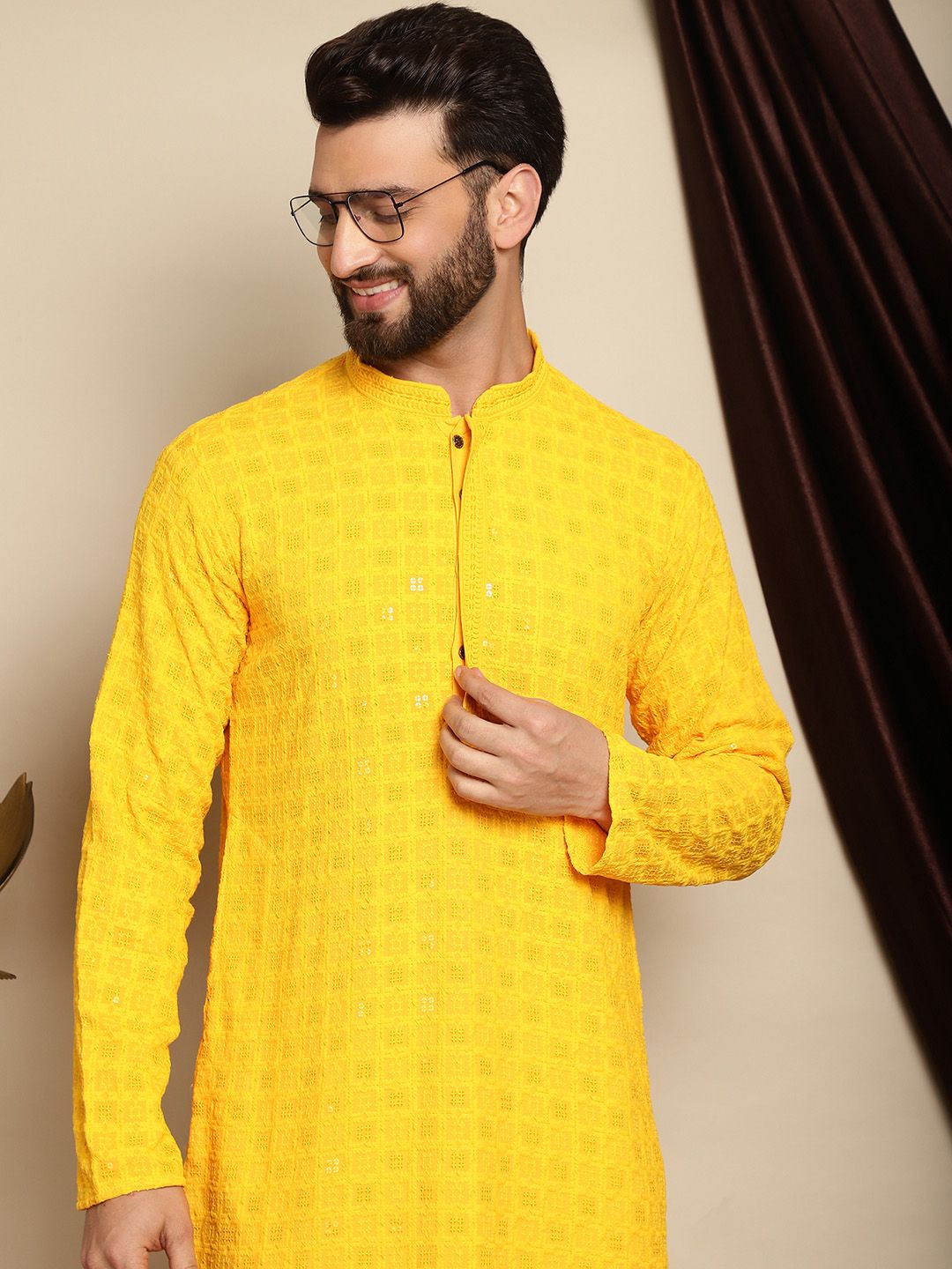 Anouk Yellow Embroidered Sequined Mandarin Collar Pure Cotton Kurta