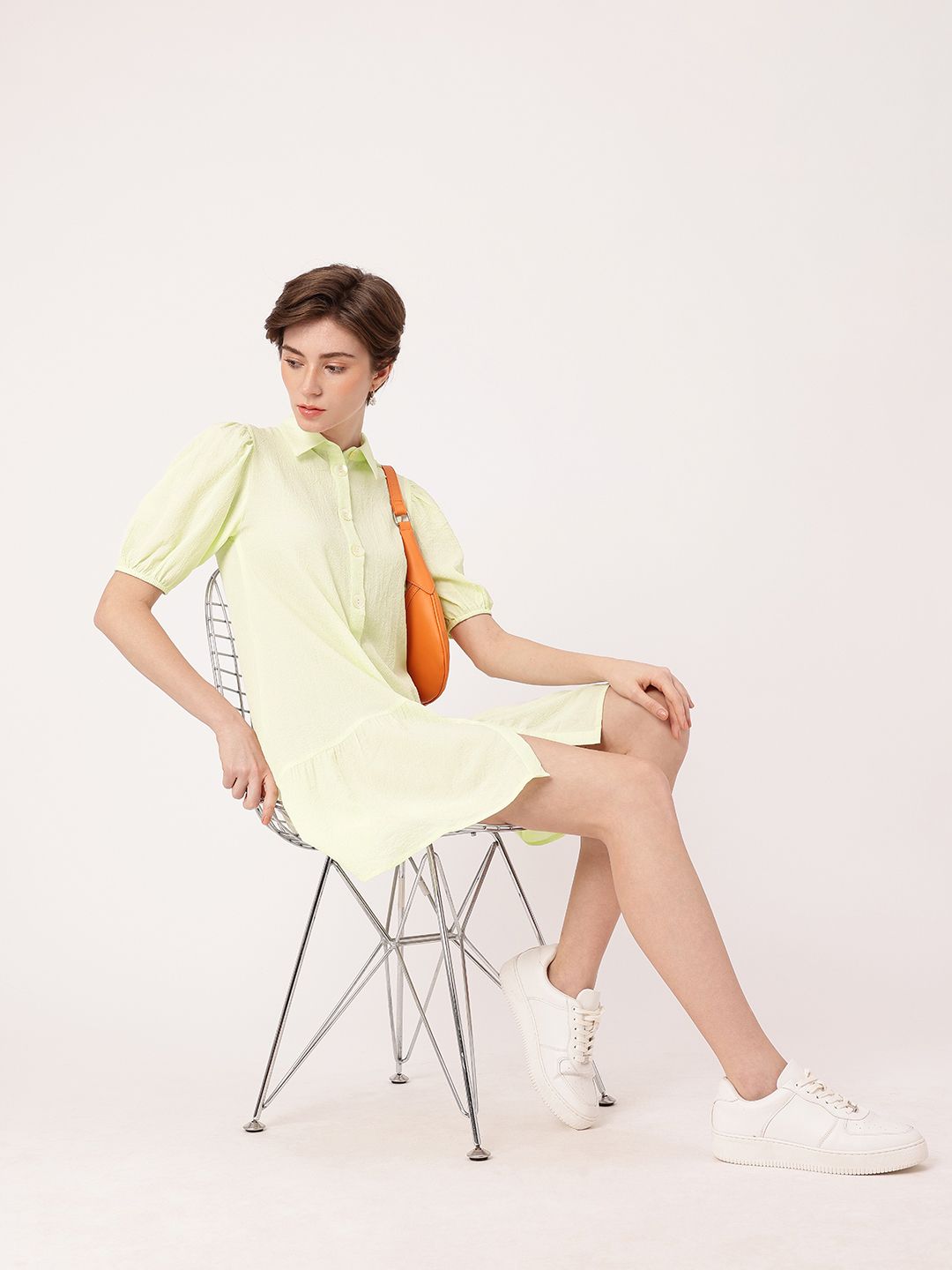 DressBerry Playful Puffed Sleeves Gathers Crepe Shirt Style Mini Dress