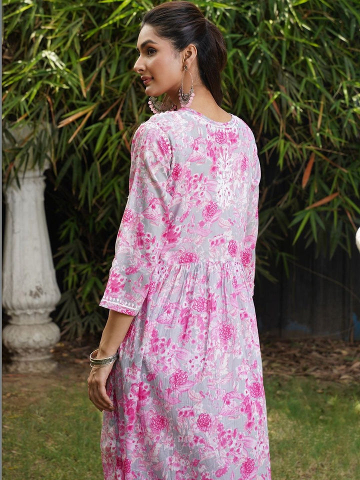 House of Chikankari Floral Print Fit & Flare Midi Dress