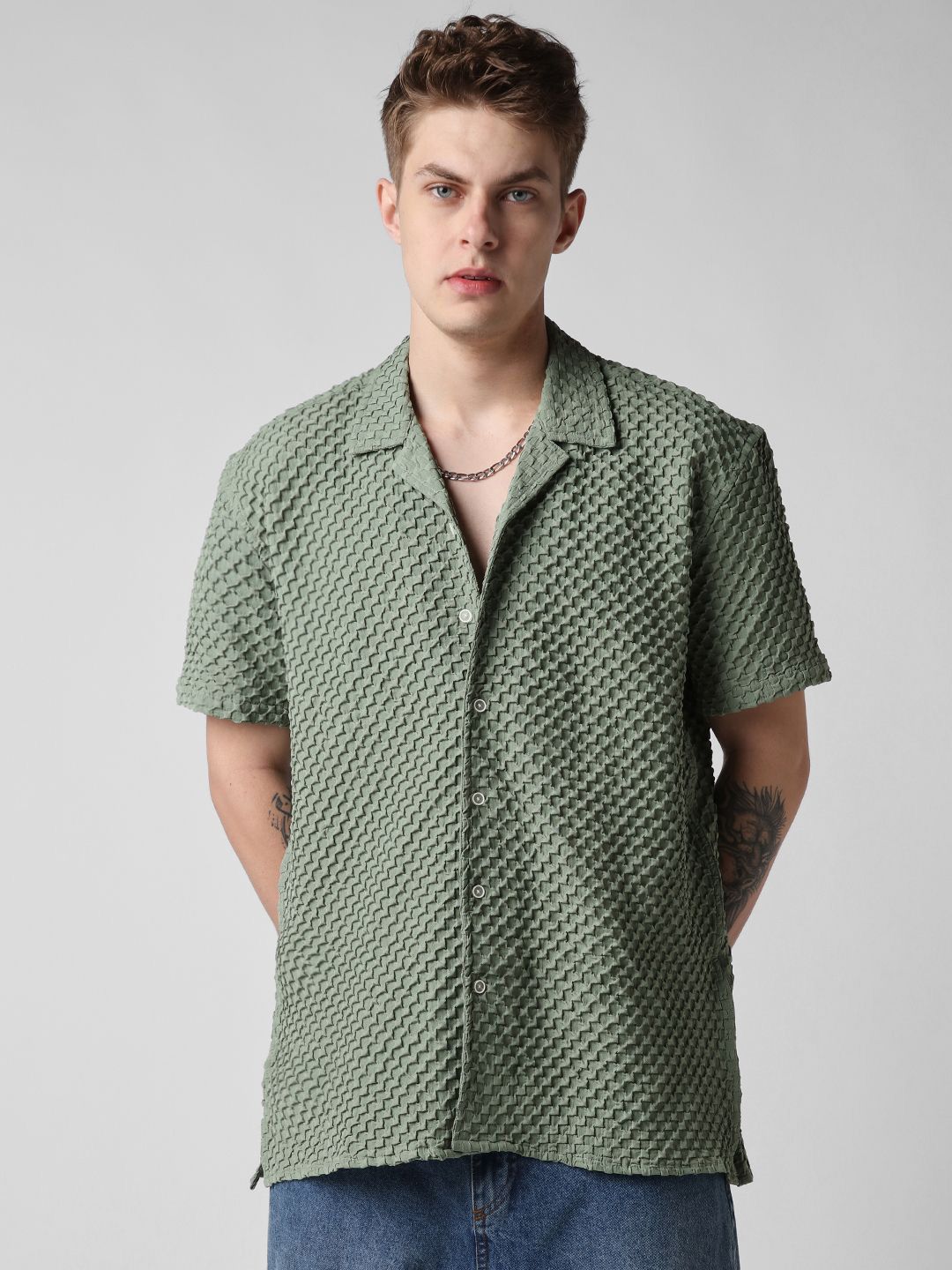 VASTRADO Men Classic Oversized Fit Cuban Collar Textured Casual Shirt