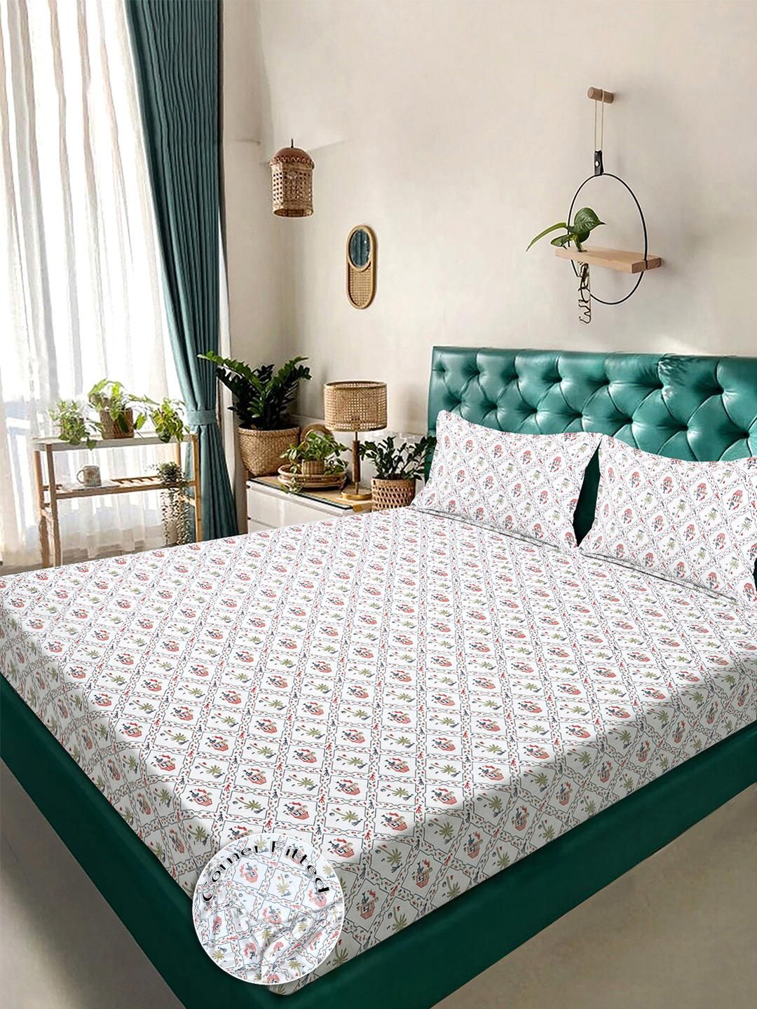 KLOTTHE White & Red Geometric Printed Fitted 300TC King Double Bed Sheet & 2 Pillow Cover
