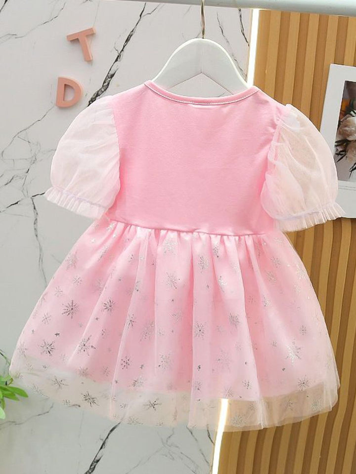 YK Girls Cotton Tulle Printed Puff Sleeve Fit & Flare Dress