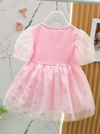 YK Girls Cotton Tulle Printed Puff Sleeve Fit & Flare Dress
