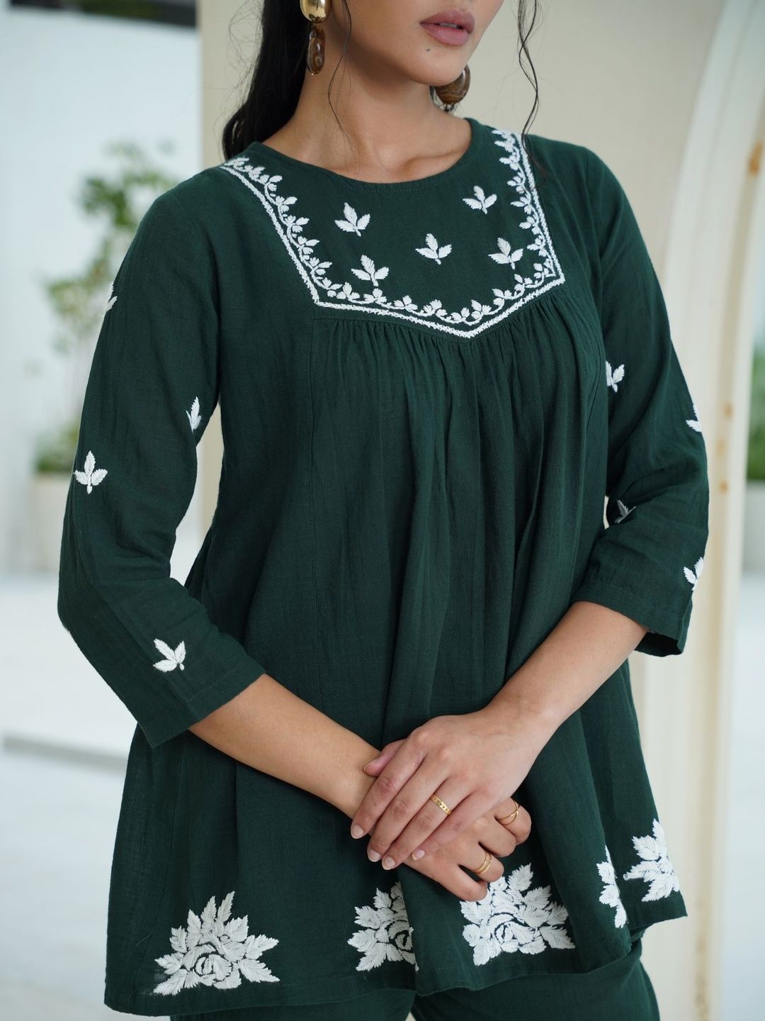 House of Chikankari Green 2 Keping Cotton Solid Tunic dengan Set Co-Ord Seluar