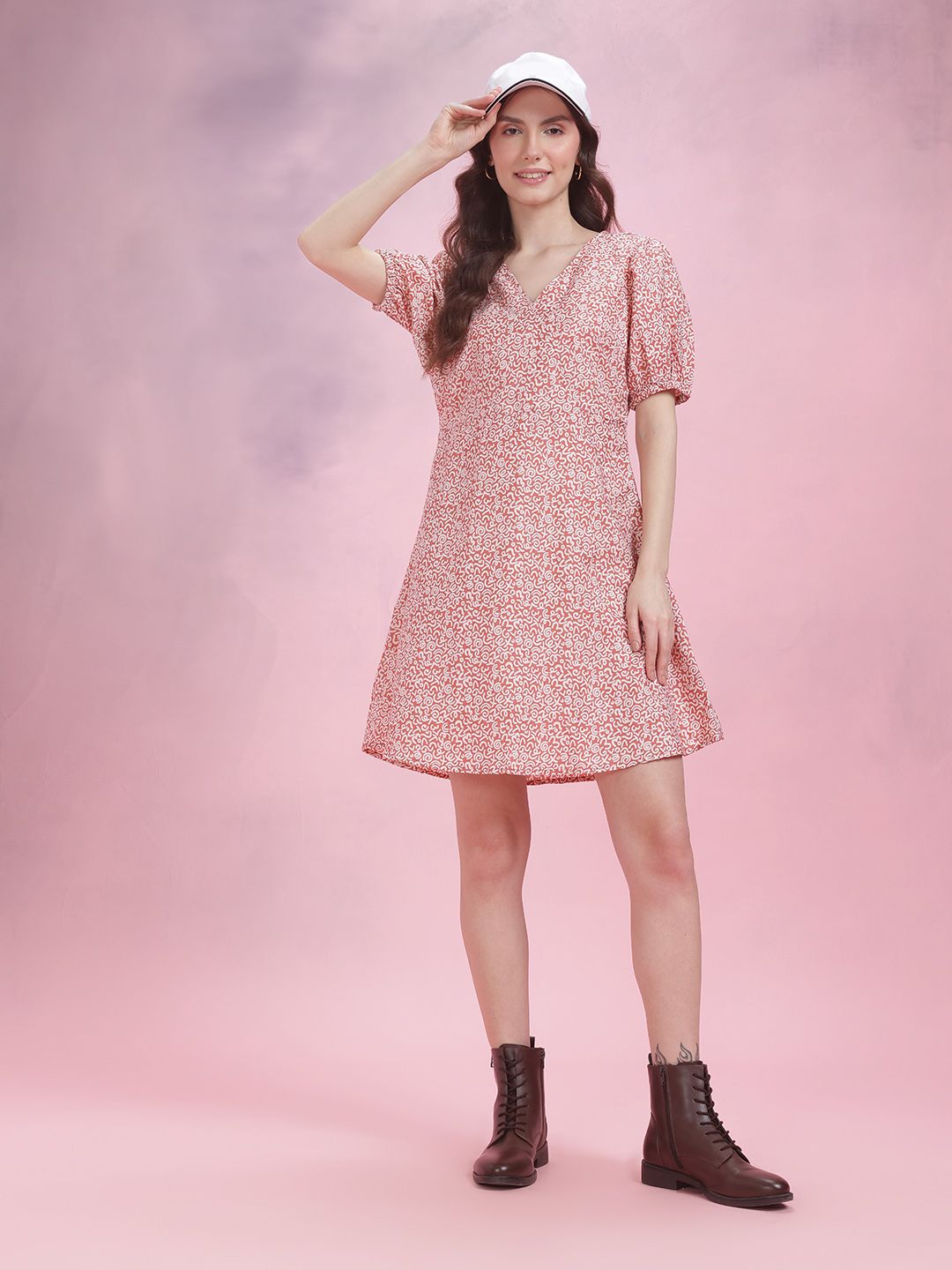 DressBerry Printed Puff Sleeve A-Line Dress