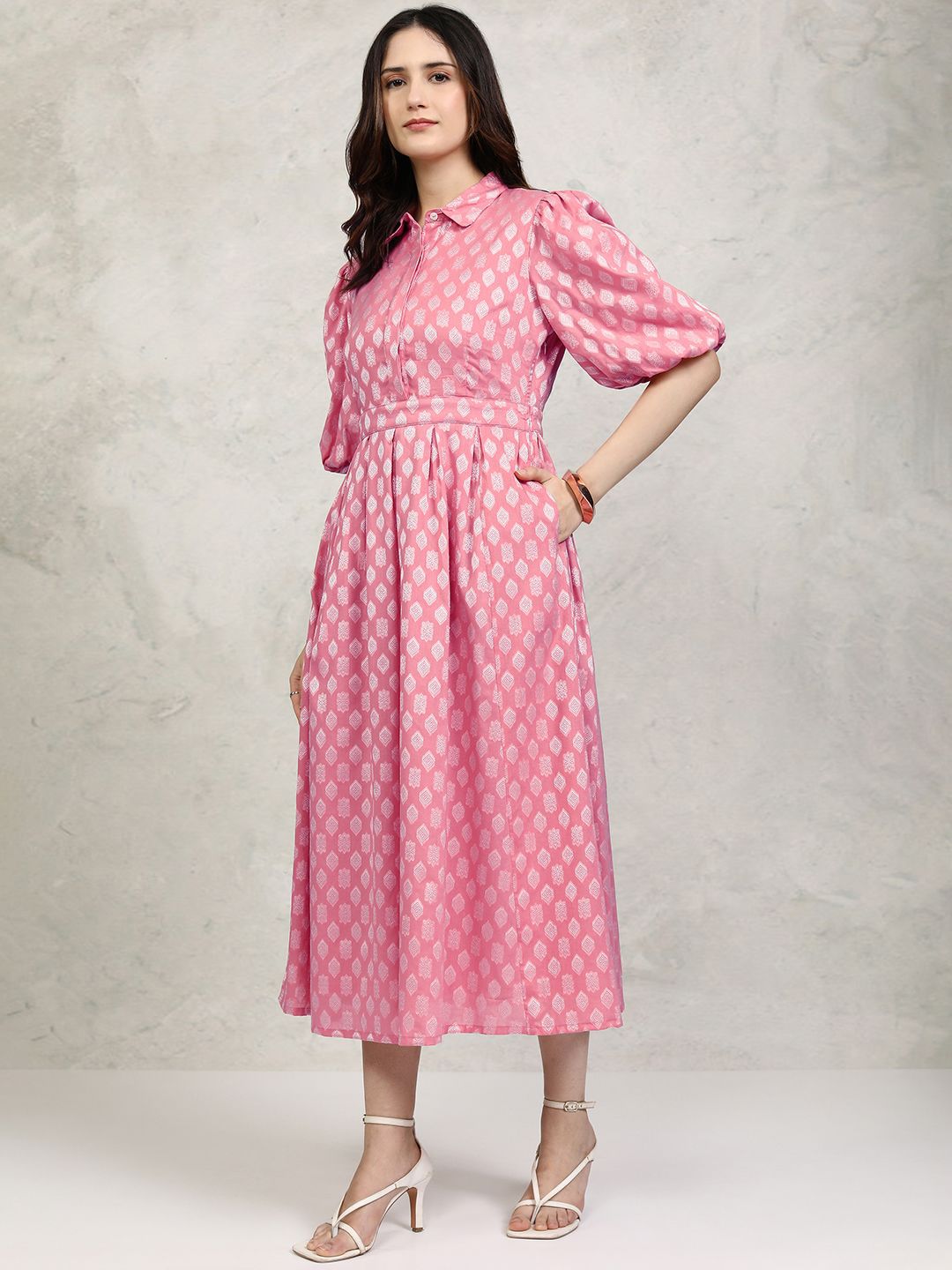Vishudh Ethnic Motifs Cotton Puff Sleeve Shirt Midi Dress