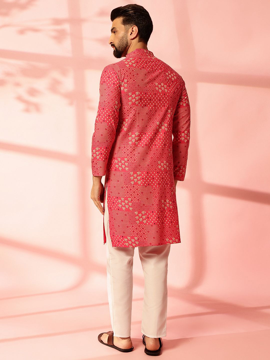 Anouk Floral Printed Band Collar Cotton Linen Straight Kurta
