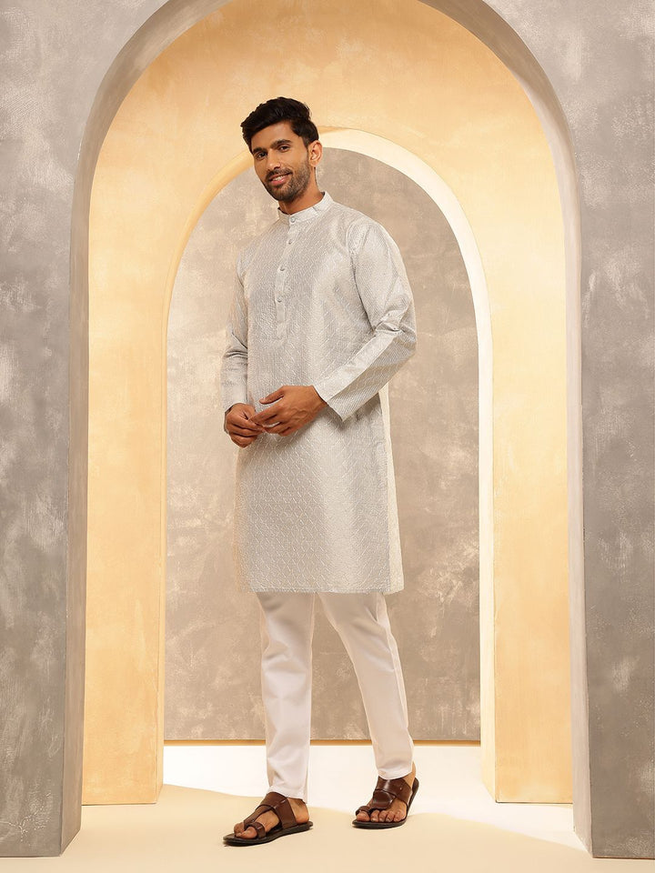 Anouk Geometric Embroidered Band Collar Thread Work Straight Cotton Silk Kurta