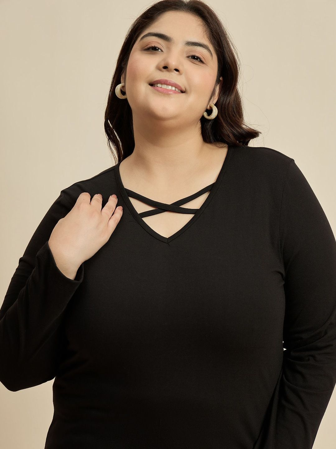CURVY STREET Women Solid V-Neck Cotton Plus Size T-shirt