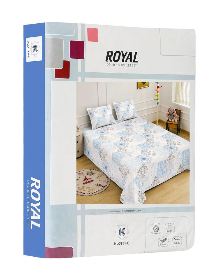 KLOTTHE Blue & White Geometric 400 TC King Bedsheet with 2 Pillow Covers