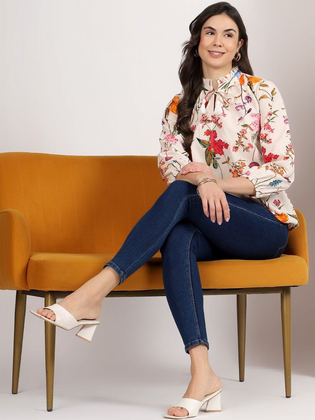 Mamicha Floral Print Tie-Up Neck Ruffles Cotton Top