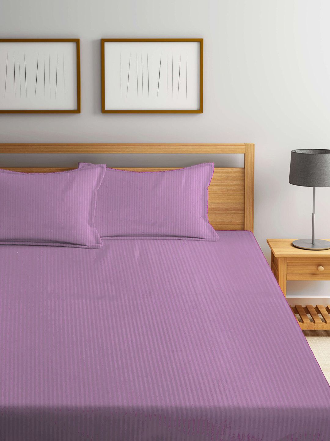KLOTTHE Pink Striped Cotton 300 TC King Fine Bedsheet with 2 Pillow Covers-98 x 87 inches