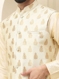SOJANYA Kurta Kapas Sutera Kolar Mandarin Dengan Jaket Nehru Rekaan Churidar & Tenunan