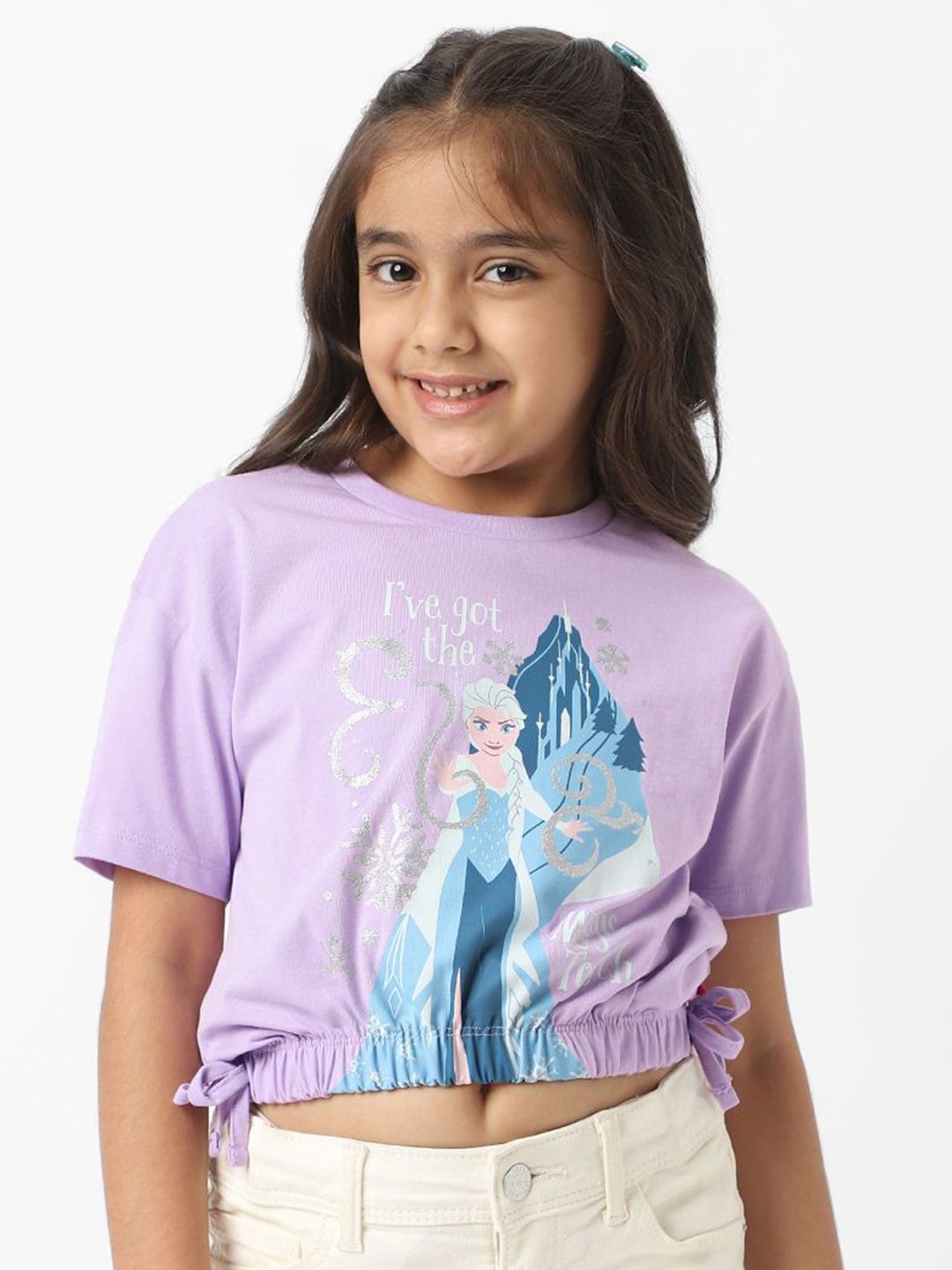 NautiNati Frozen Girls Cotton Elsa Crop T-shirt with Elasticated Hemline & Side Tie Ups