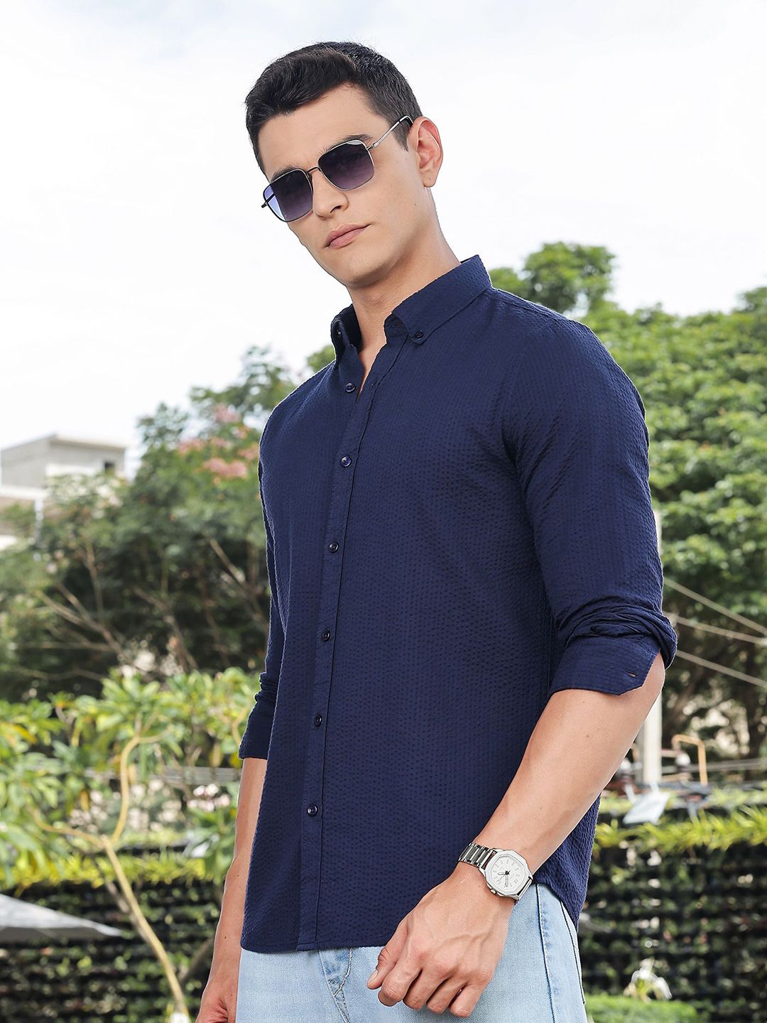 Thomas Scott Premium Seersucker Button-Down Collar Cotton Shirt