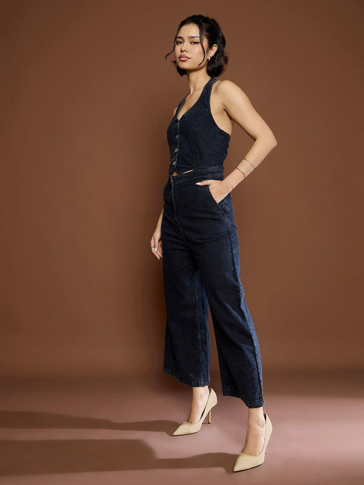 Sassafras wanita kapas halter leher jumpsuit asas