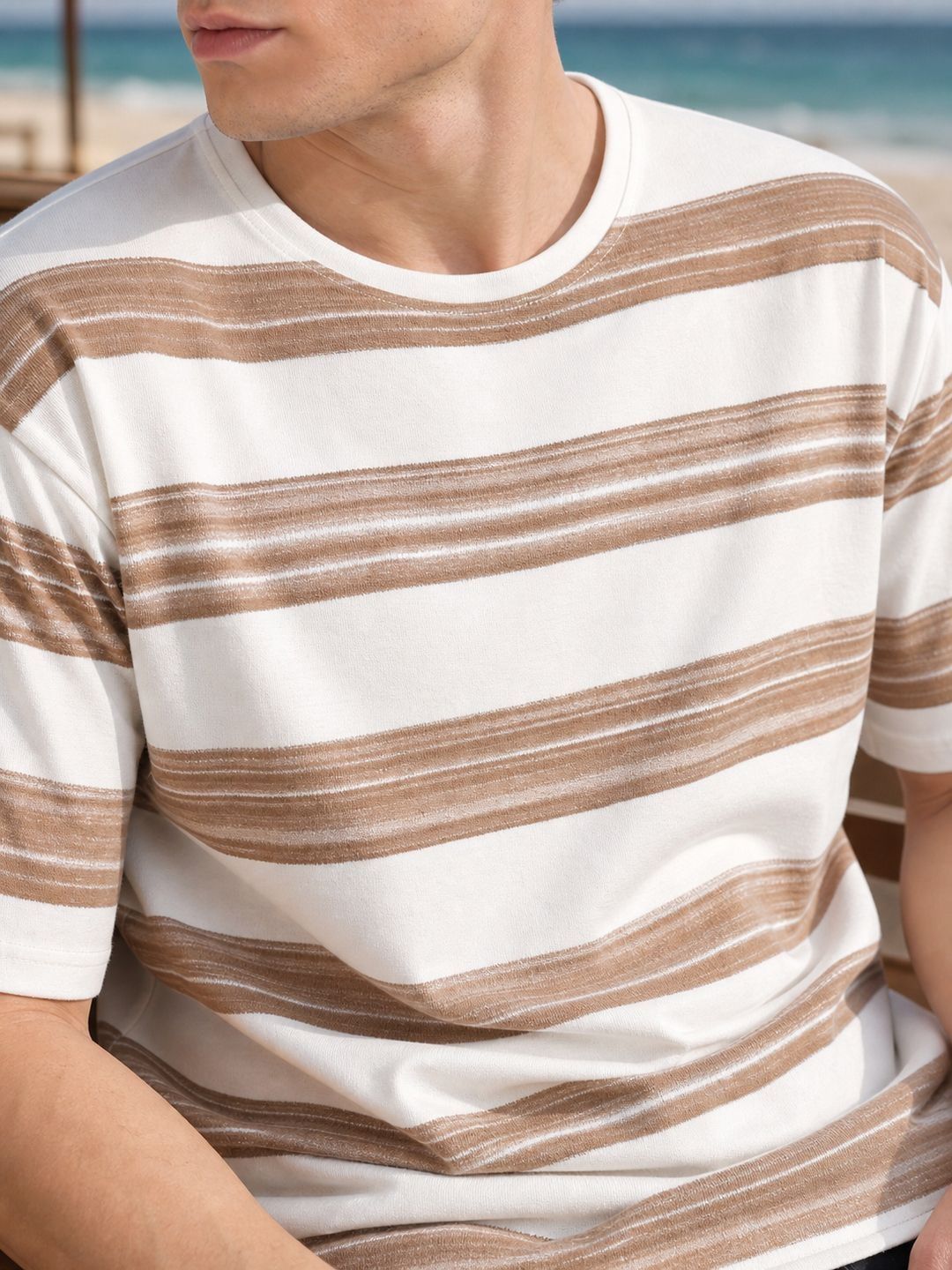 Eszett Brushed Brown Tshirt Striped Cotton Round Neck Drop-Shoulder Sleeves Oversized Fit T-shirt