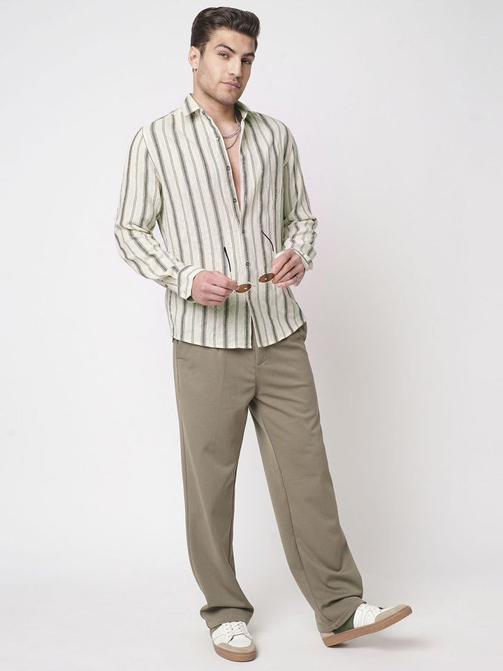 VASTRADO Classic Vertical Striped  Slim Fit Burlap Cotton Casual Shirt