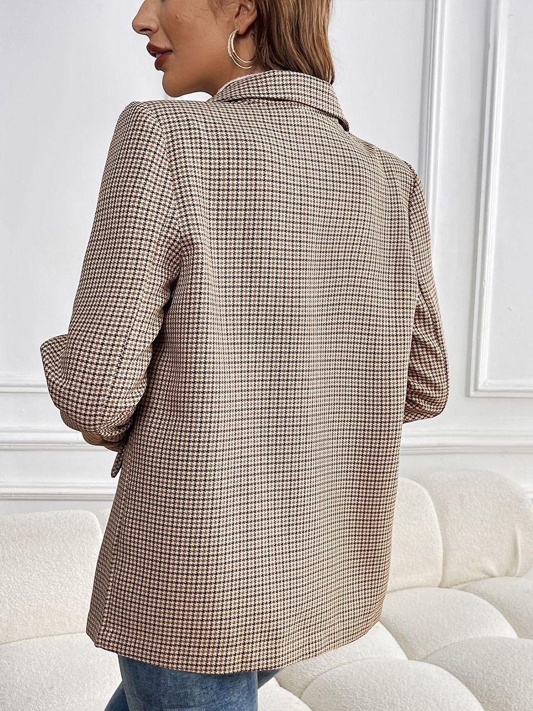 DressBerry Women Checked Lapel Collar Top