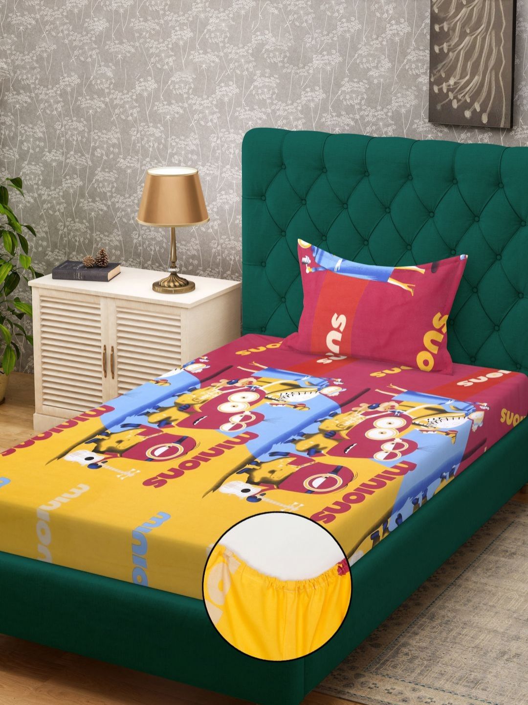 KLOTTHE Kids Yellow Printed Pure Cotton 400TC Fitted Set Cadar Bujang 2.25 m x 1.5 m